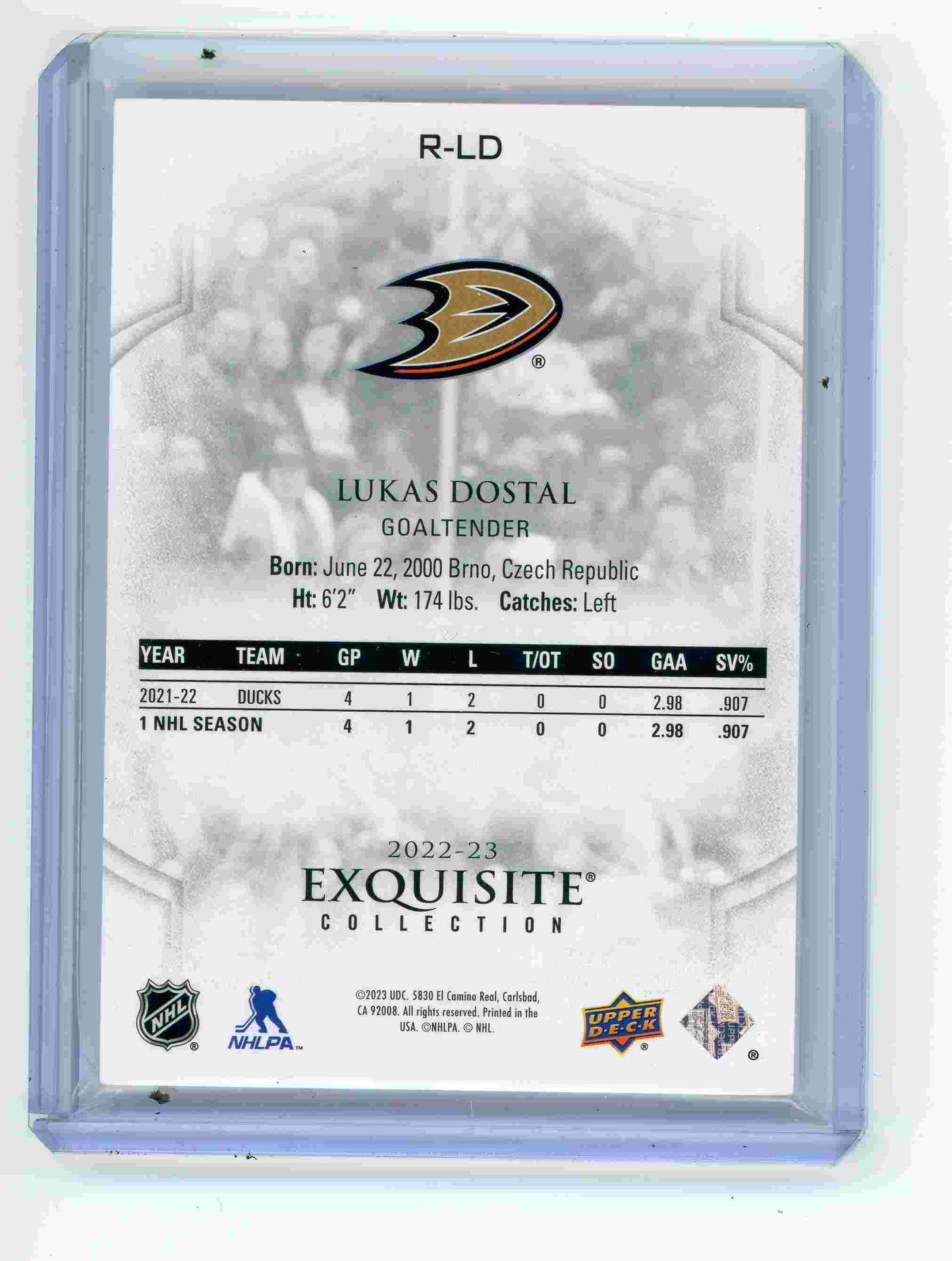 2022-23 Upper Deck Exquisite Collection Rookies Lukas Dostal #R-LD /99 – Anaheim Ducks