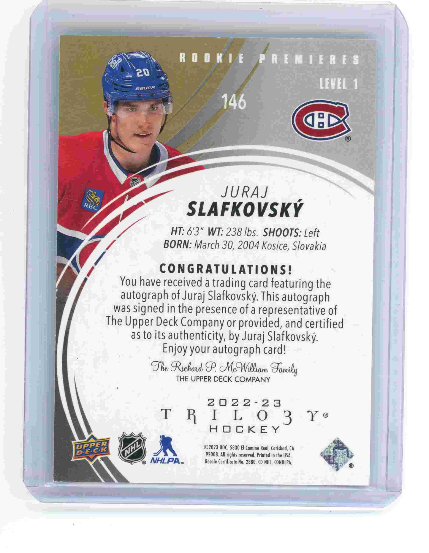 2022-23 Upper Deck Trilogy Juraj Slafkovsky Rookie Premieres /149 Auto #146