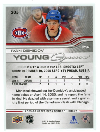 2025-26 Upper Deck Series 1 Young Guns #205 Ivan Demidov – Montreal Canadiens