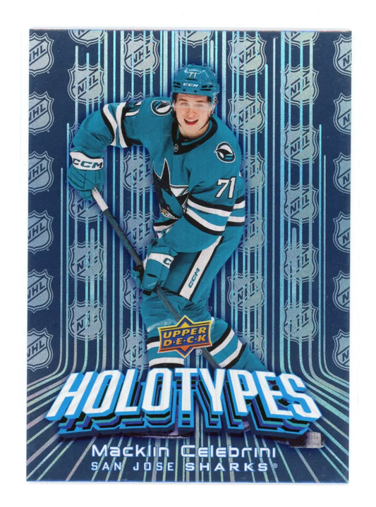 2025-26 Upper Deck Series 1 Holotypes #HT-50 Macklin Celebrini – San Jose Sharks