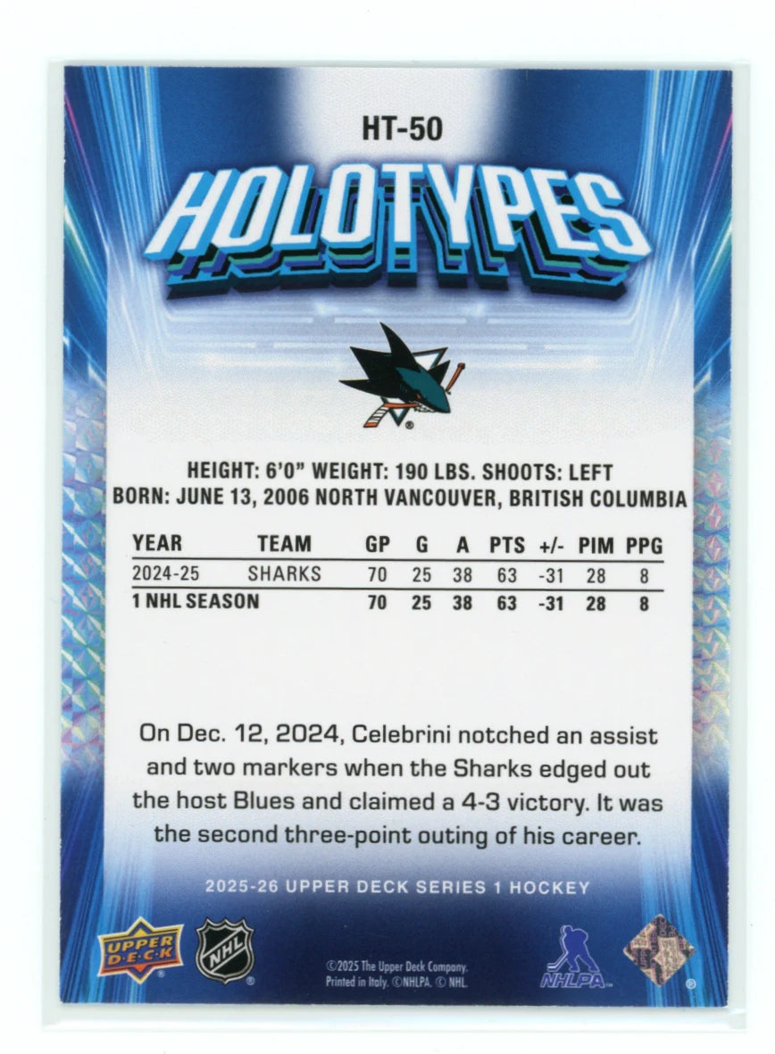 2025-26 Upper Deck Series 1 Holotypes #HT-50 Macklin Celebrini – San Jose Sharks