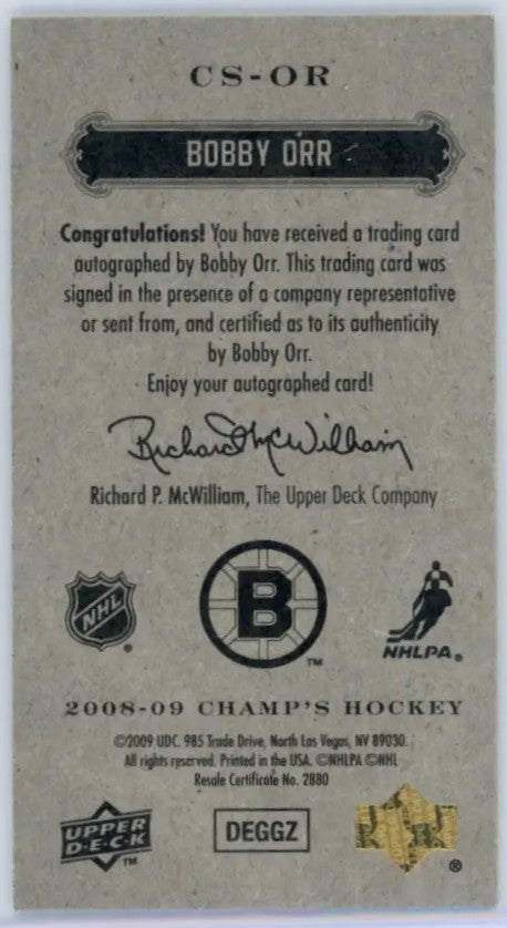 2008-09 Champ’s Minis Signatures Bobby Orr Autographe Rare