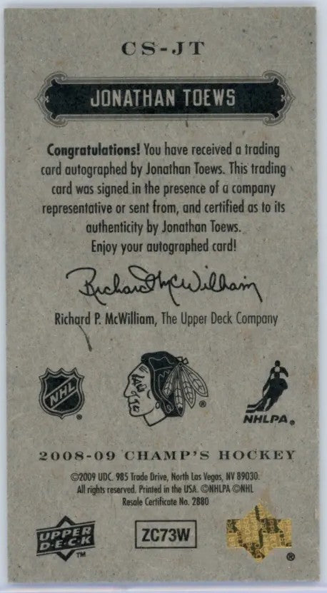 2008-09 Champ’s Minis Signatures Jonathan Toews Autographe