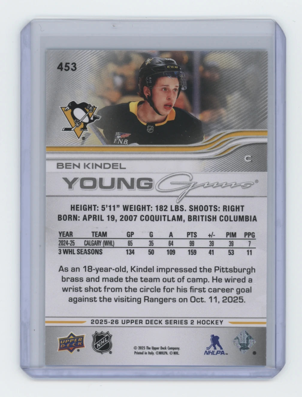 2025-26 Upper Deck Series 2 Young Guns #453 Ben Kindel – Pittsburgh Penguins