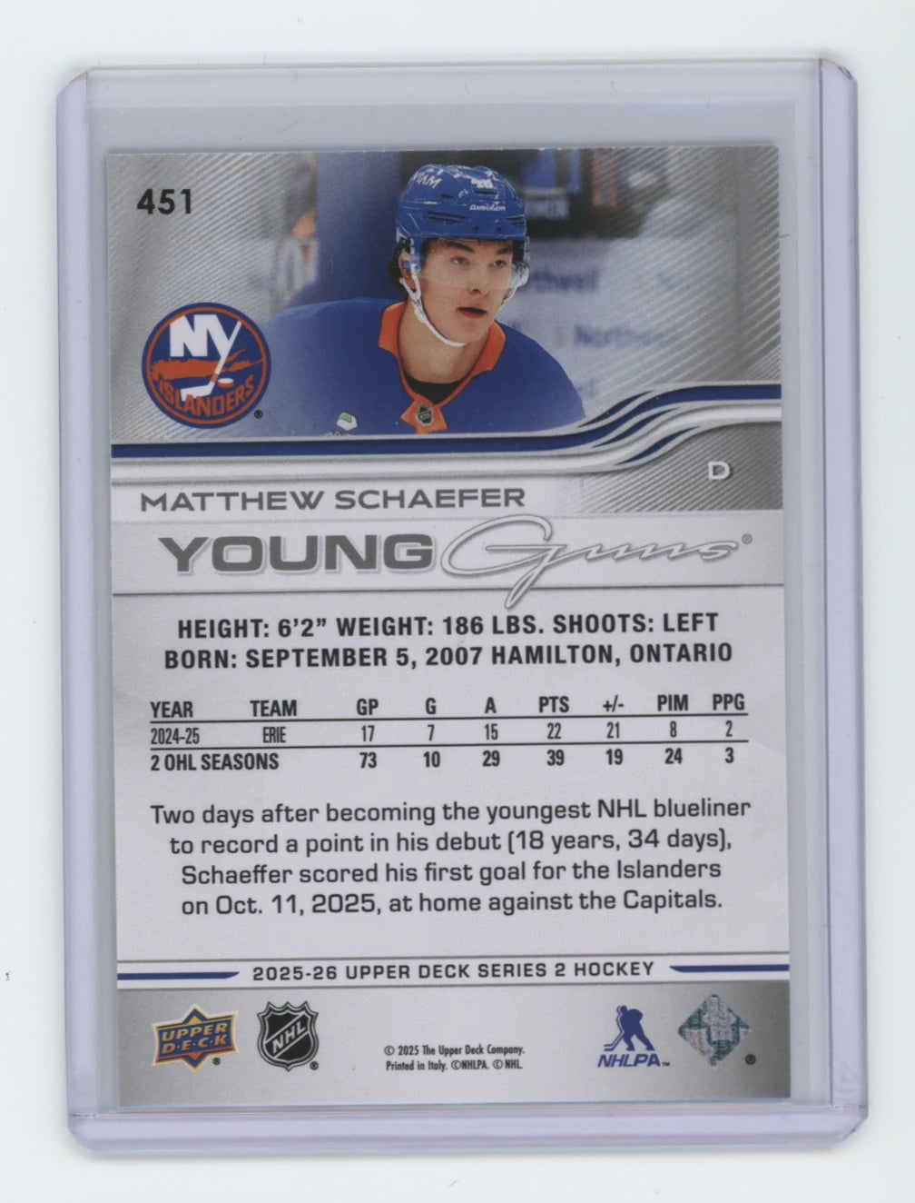 2025-26 Upper Deck Series 2 Young Guns #451 Matthew Schaefer – New York Islanders