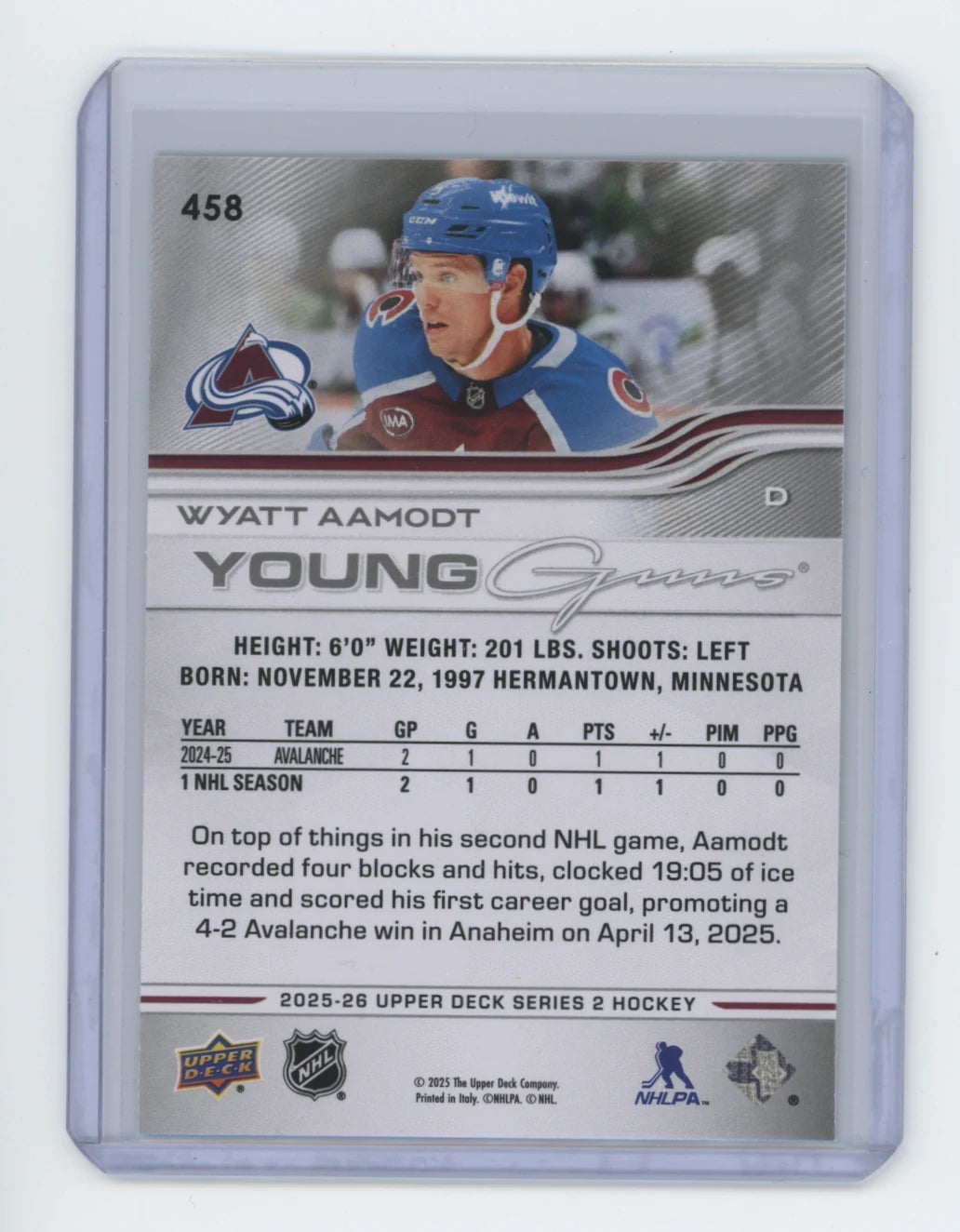 2025-26 Upper Deck Series 2 Young Guns #458 Wyatt Aamodt – Colorado Avalanche