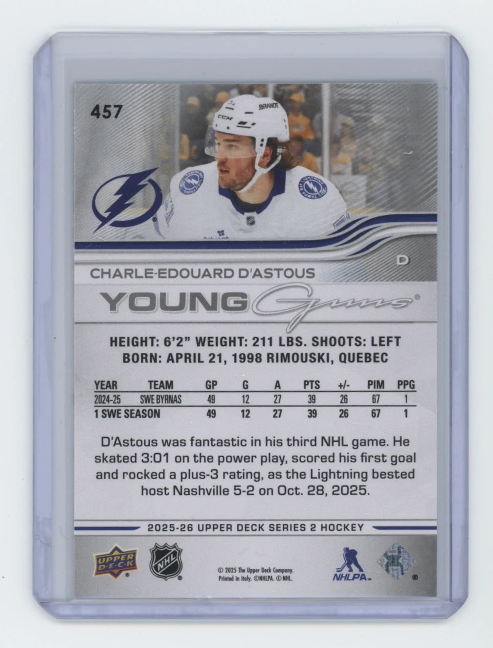 2025-26 Upper Deck Series 2 Young Guns #457 Charle-Edouard D’Astous – Tampa Bay Lightning