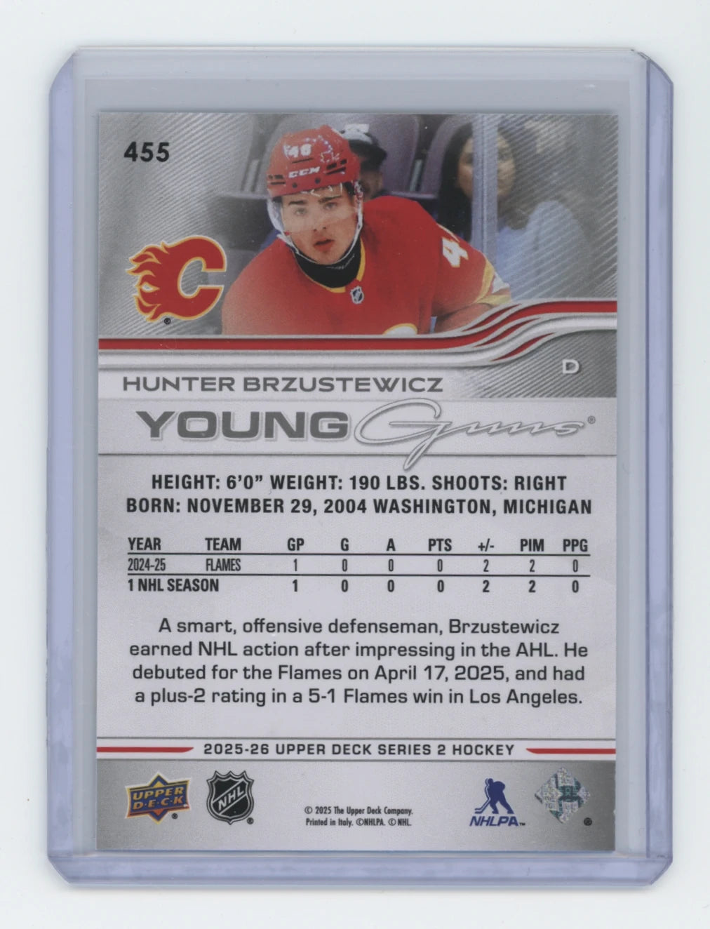 2025-26 Upper Deck Series 2 Young Guns #455 Hunter Brzustewicz – Calgary Flames