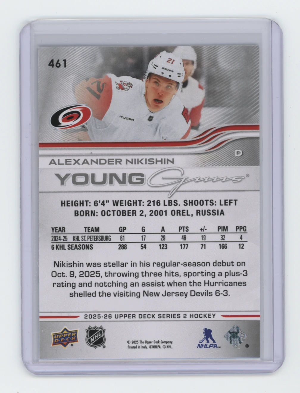 2025-26 Upper Deck Series 2 Young Guns #461 Alexander Nikishin – Carolina Hurricanes