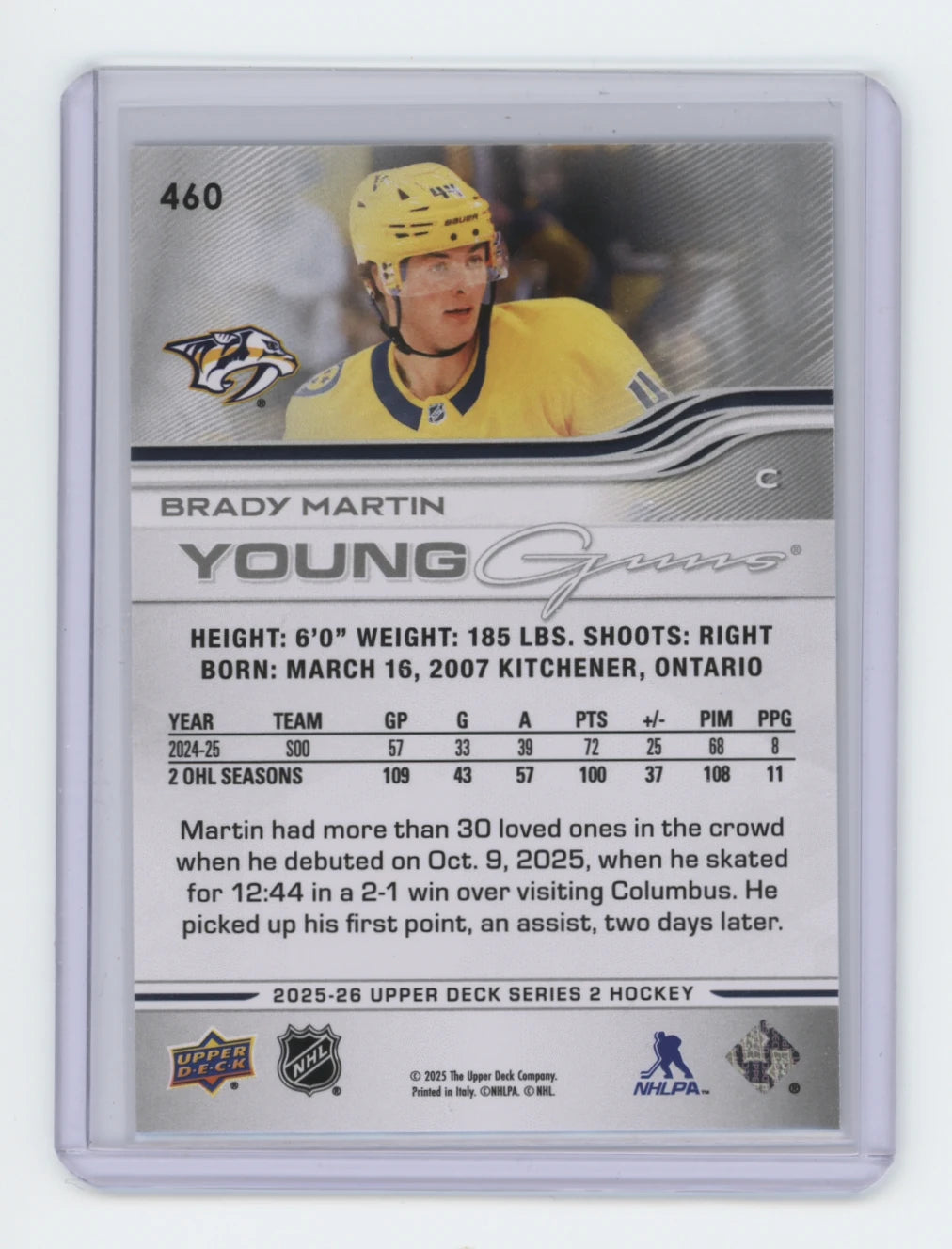 2025-26 Upper Deck Series 2 Young Guns #460 Brady Martin – Nashville Predators