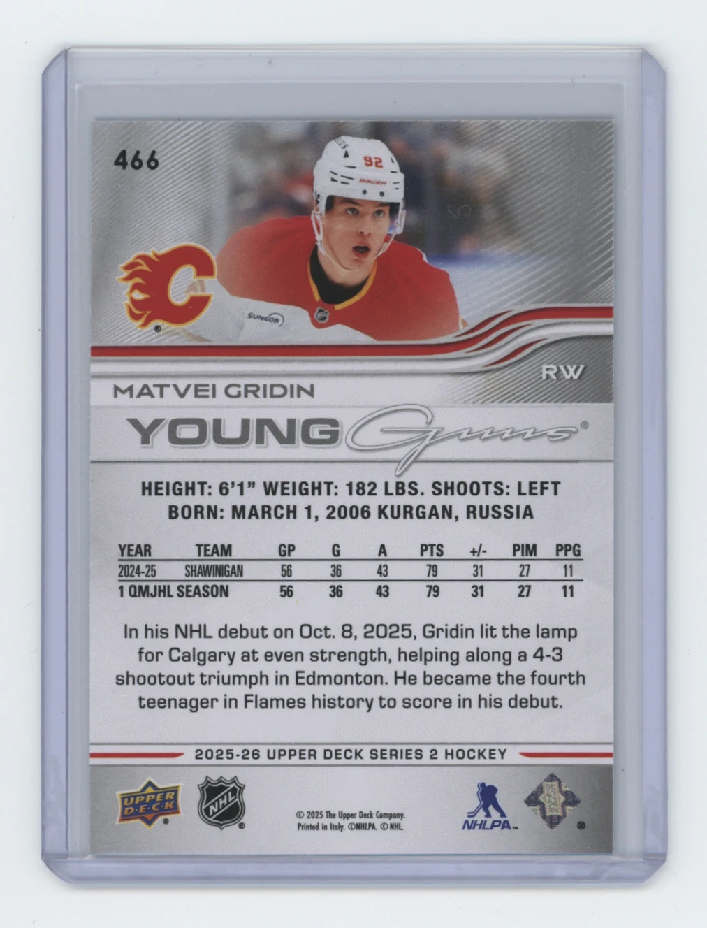 2025-26 Upper Deck Series 2 Young Guns #466 Matvei Gridin – Calgary Flames