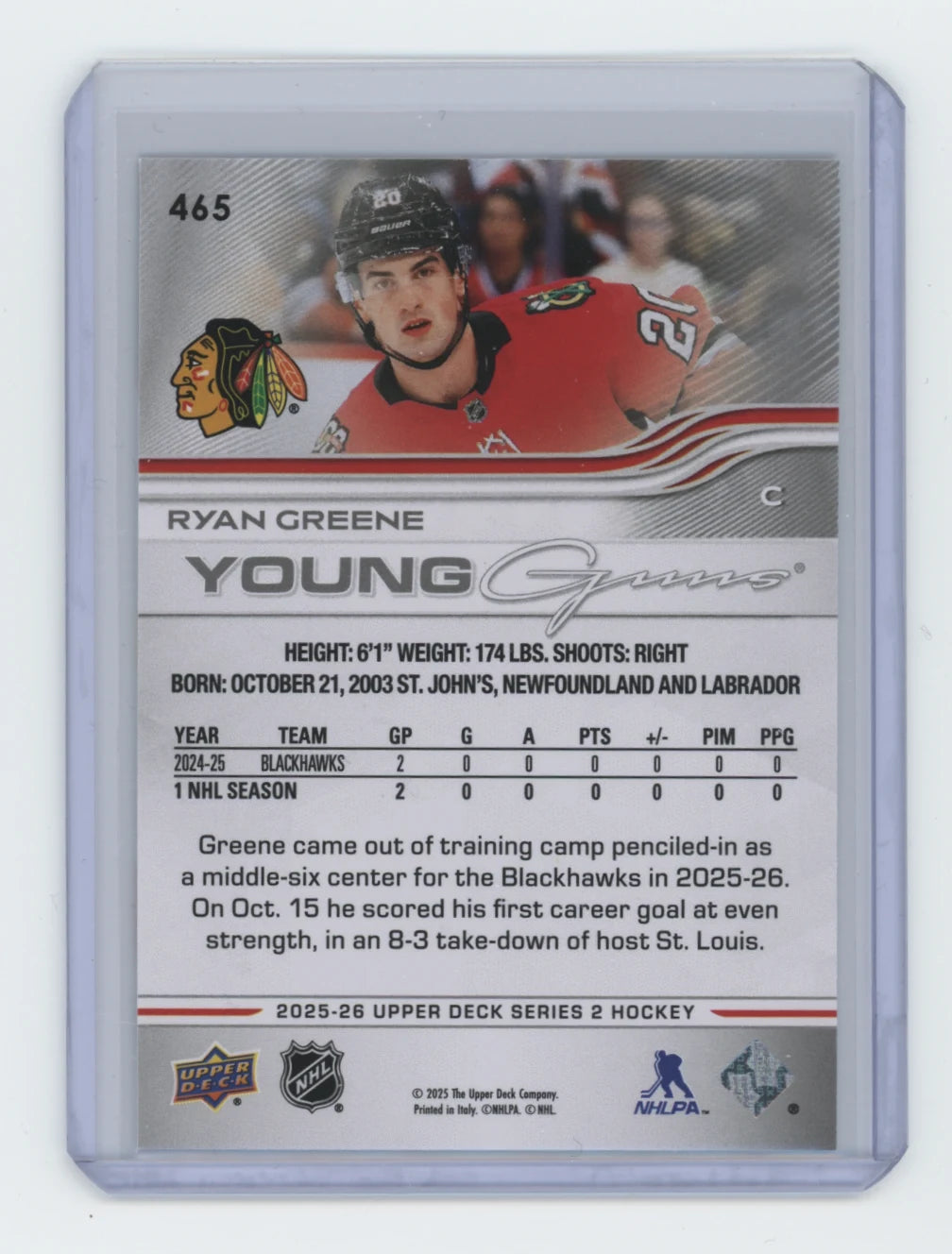 2025-26 Upper Deck Series 2 Young Guns #465 Ryan Greene – Chicago Blackhawks
