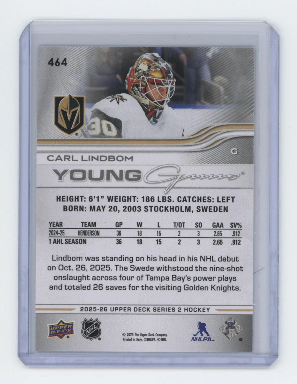 2025-26 Upper Deck Series 2 Young Guns #464 Carl Lindbom – Vegas Golden Knights