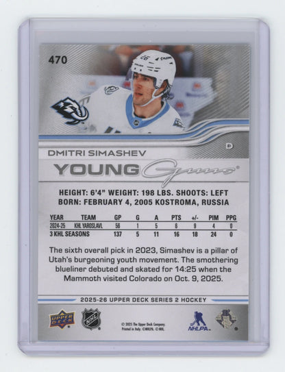 2025-26 Upper Deck Series 2 Young Guns #470 Dmitri Simashev – Utah Mammoth