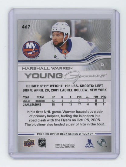 2025-26 Upper Deck Series 2 Young Guns #467 Marshall Warren – New York Islanders