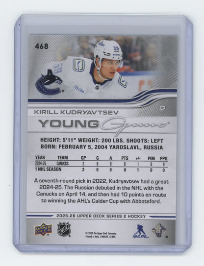 2025-26 Upper Deck Series 2 Young Guns #468 Kirill Kudryavtsev – Vancouver Canucks