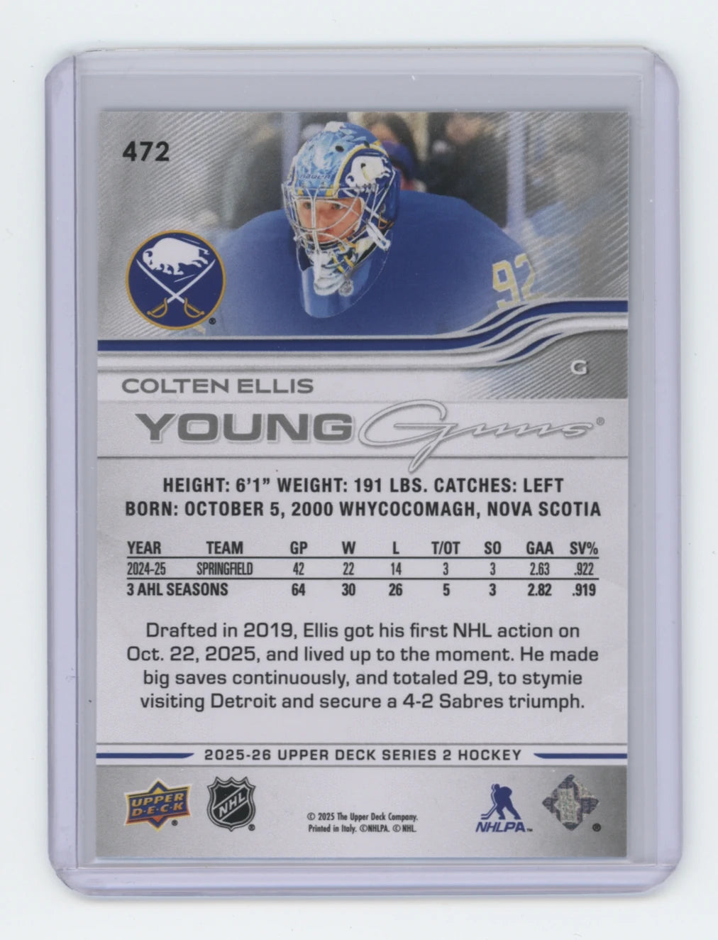 2025-26 Upper Deck Series 2 Young Guns #472 Colten Ellis – Buffalo Sabres