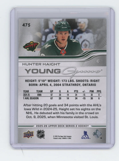 2025-26 Upper Deck Series 2 Young Guns #475 Hunter Haight – Minnesota Wild
