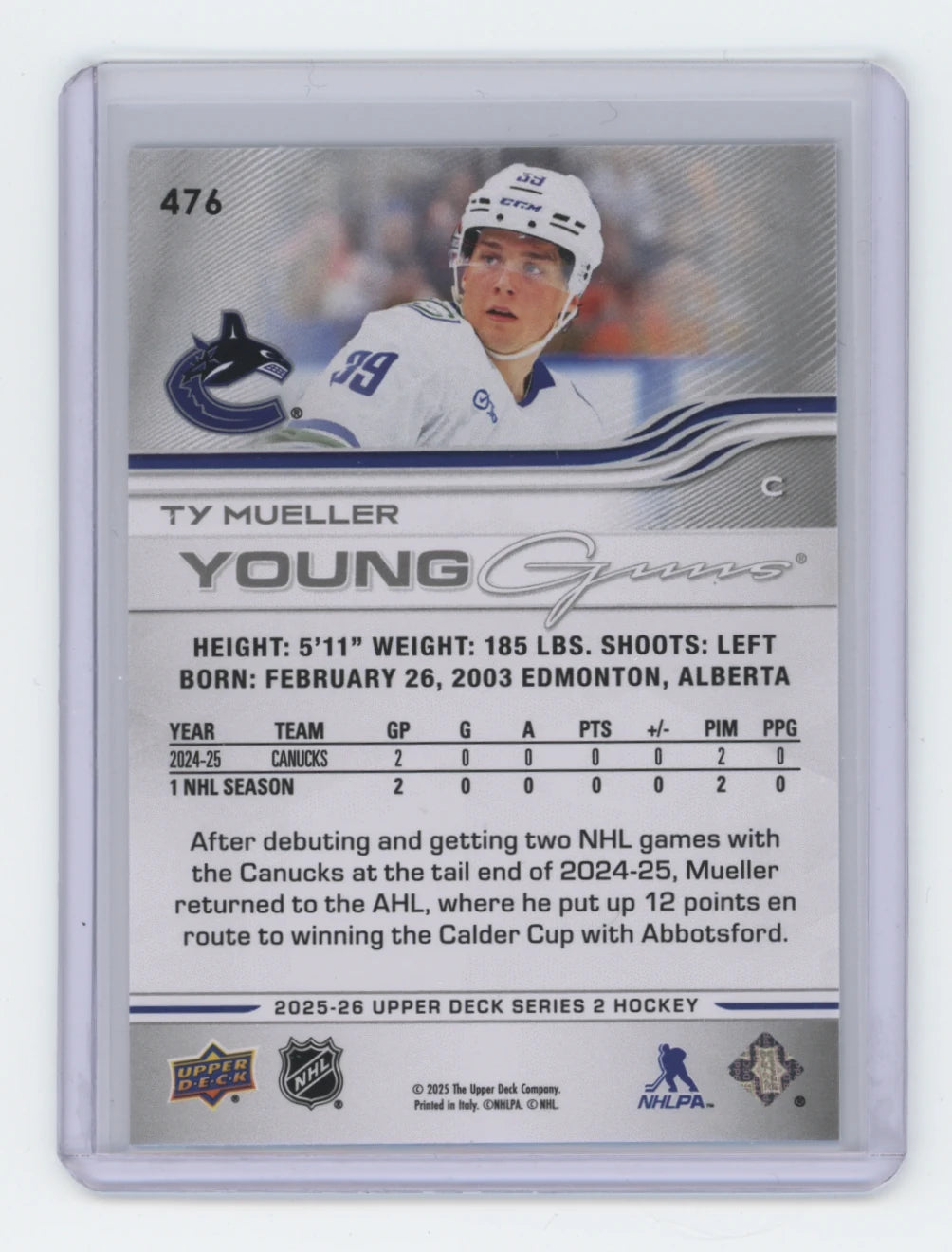2025-26 Upper Deck Series 2 Young Guns #476 Ty Mueller – Vancouver Canucks