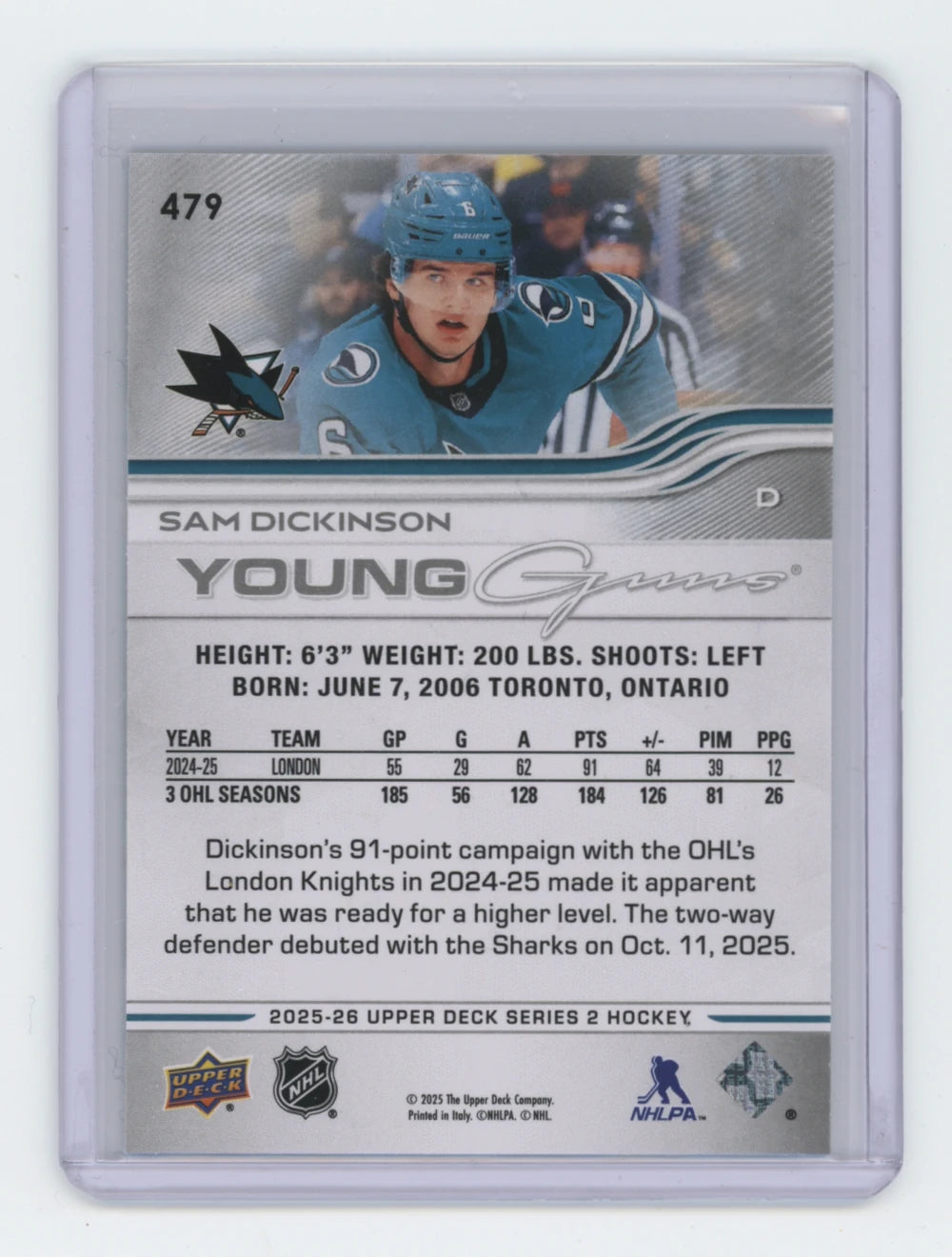 2025-26 Upper Deck Series 2 Young Guns #479 Sam Dickinson – San Jose Sharks