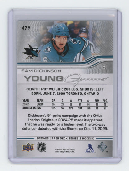 2025-26 Upper Deck Series 2 Young Guns #479 Sam Dickinson – San Jose Sharks
