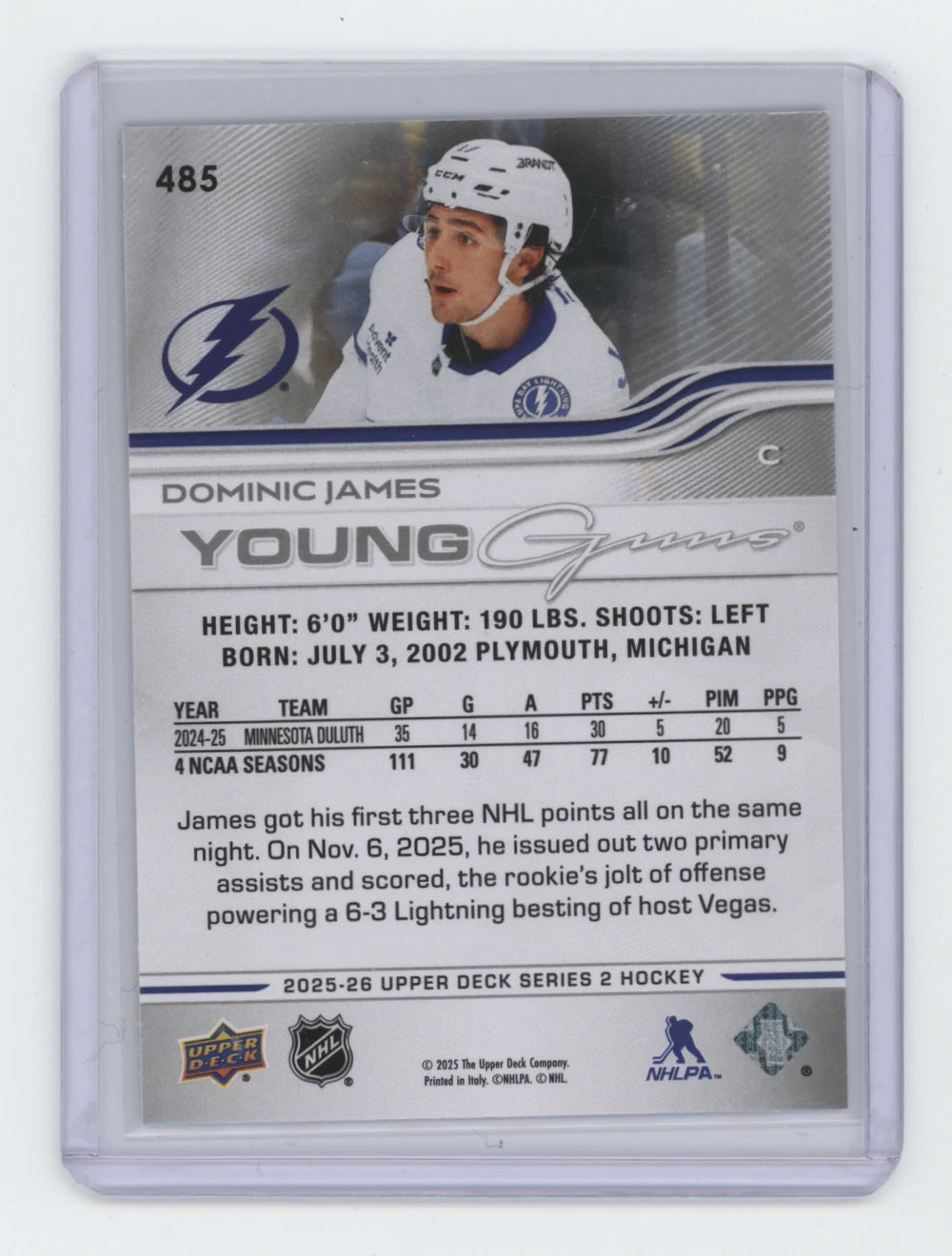 2025-26 Upper Deck Series 2 Young Guns #485 Dominic James – Tampa Bay Lightning