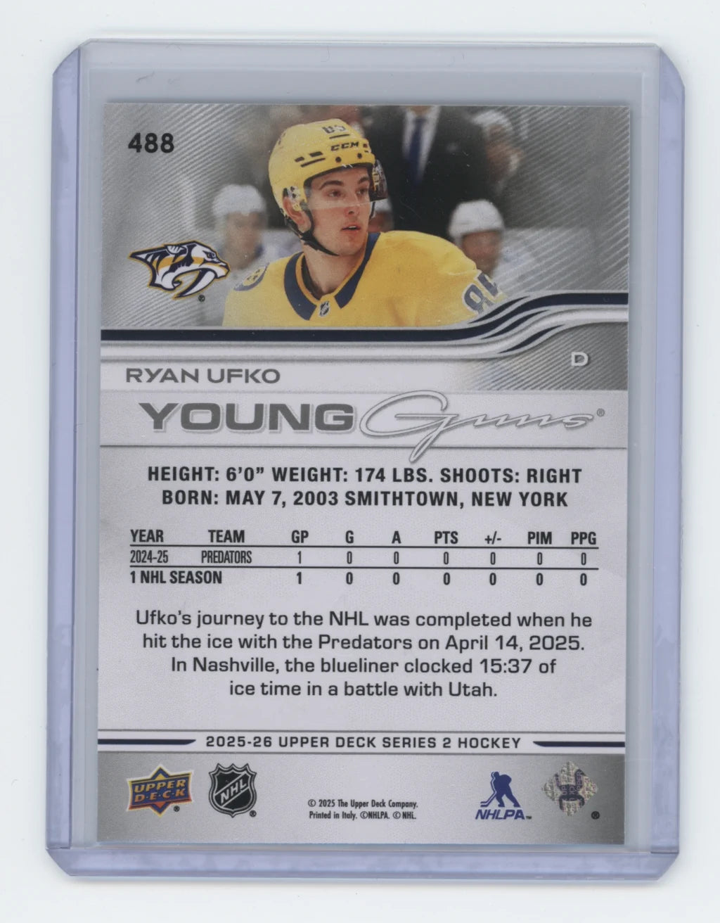 2025-26 Upper Deck Series 2 Young Guns #488 Ryan Ufko – Nashville Predators