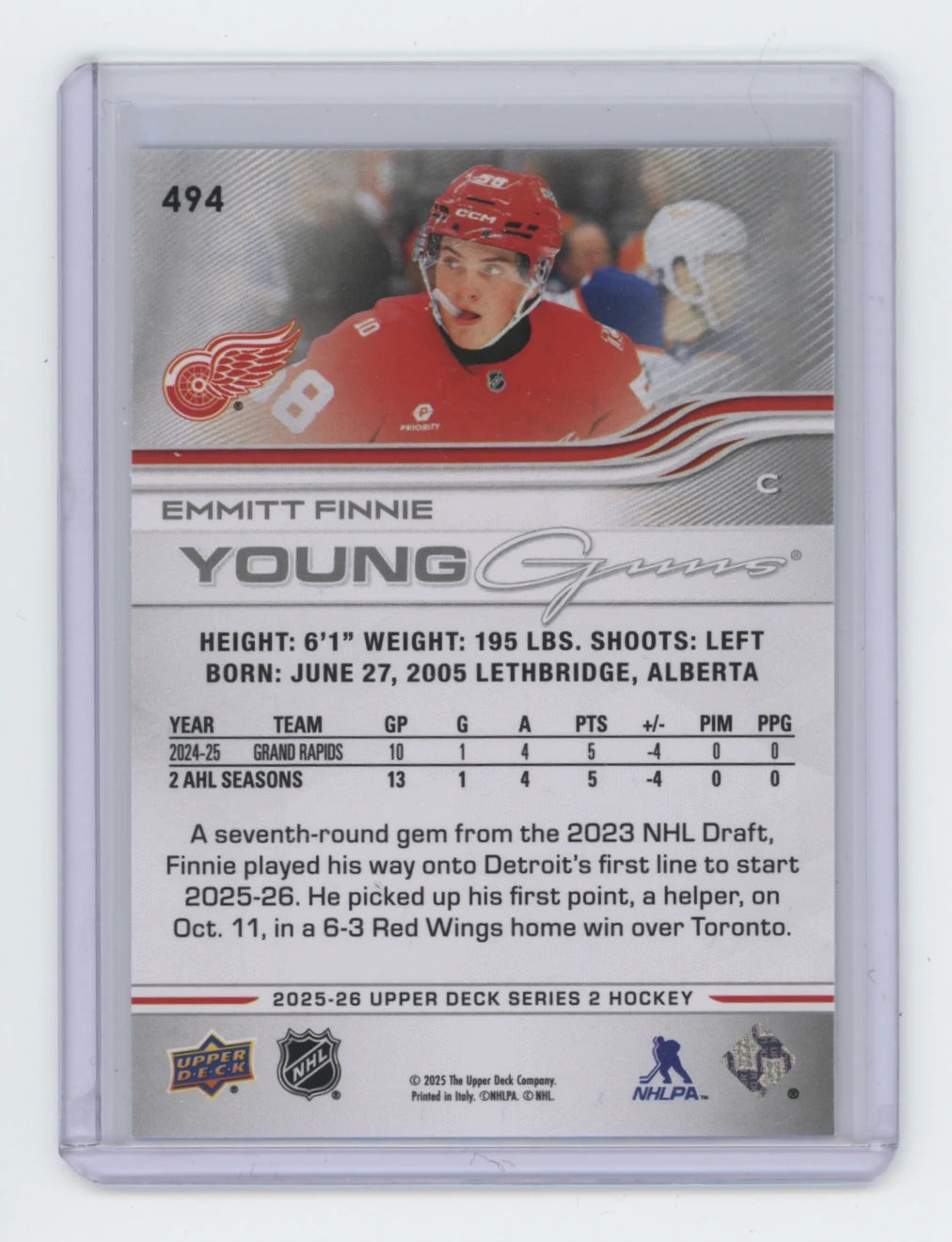 2025-26 Upper Deck Series 2 Young Guns #494 Emmitt Finnie – Detroit Red Wings