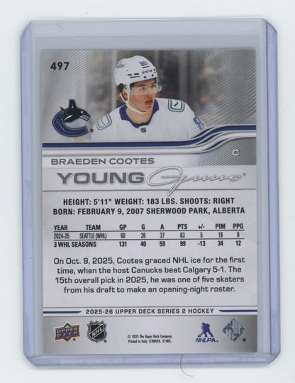 2025-26 Upper Deck Series 2 Young Guns #497 Braeden Cootes – Vancouver Canucks