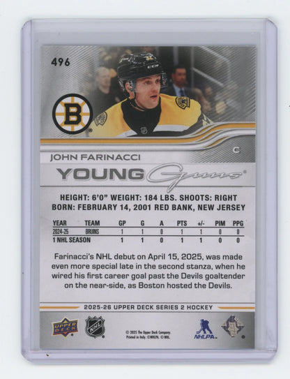 2025-26 Upper Deck Series 2 Young Guns #496 John Farinacci – Boston Bruins