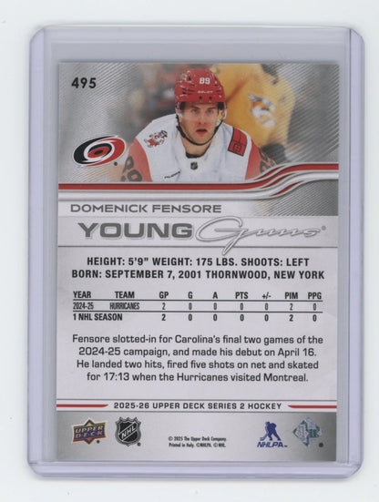 2025-26 Upper Deck Series 2 Young Guns #495 Domenick Fensore – Carolina Hurricanes