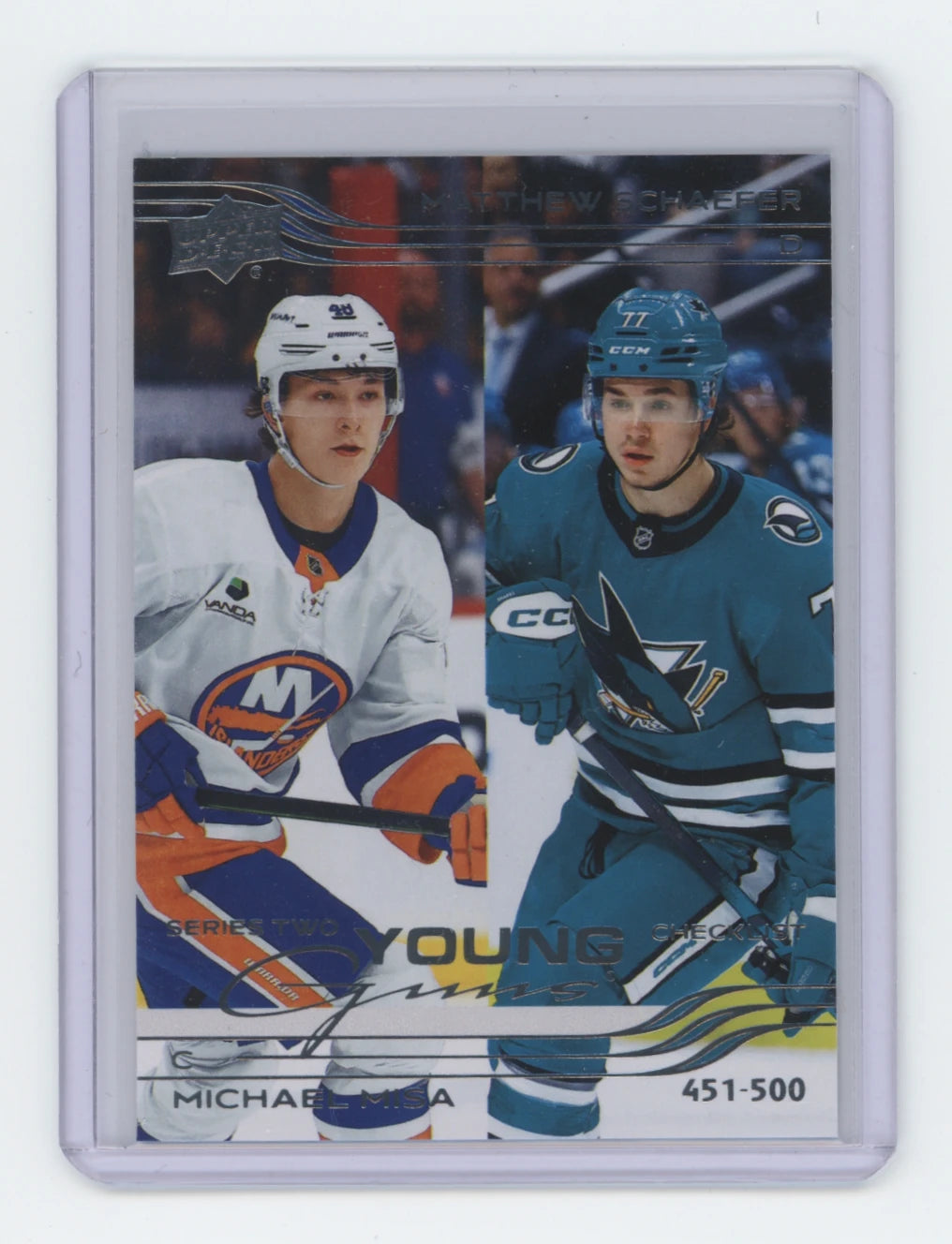 2025-26 Upper Deck Series 2 Young Guns #500 Michael Misa / Matthew Schaefer Checklist – Sharks / Islanders