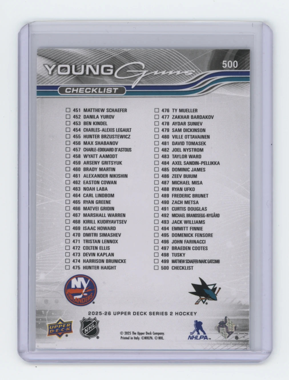 2025-26 Upper Deck Series 2 Young Guns #500 Michael Misa / Matthew Schaefer Checklist – Sharks / Islanders
