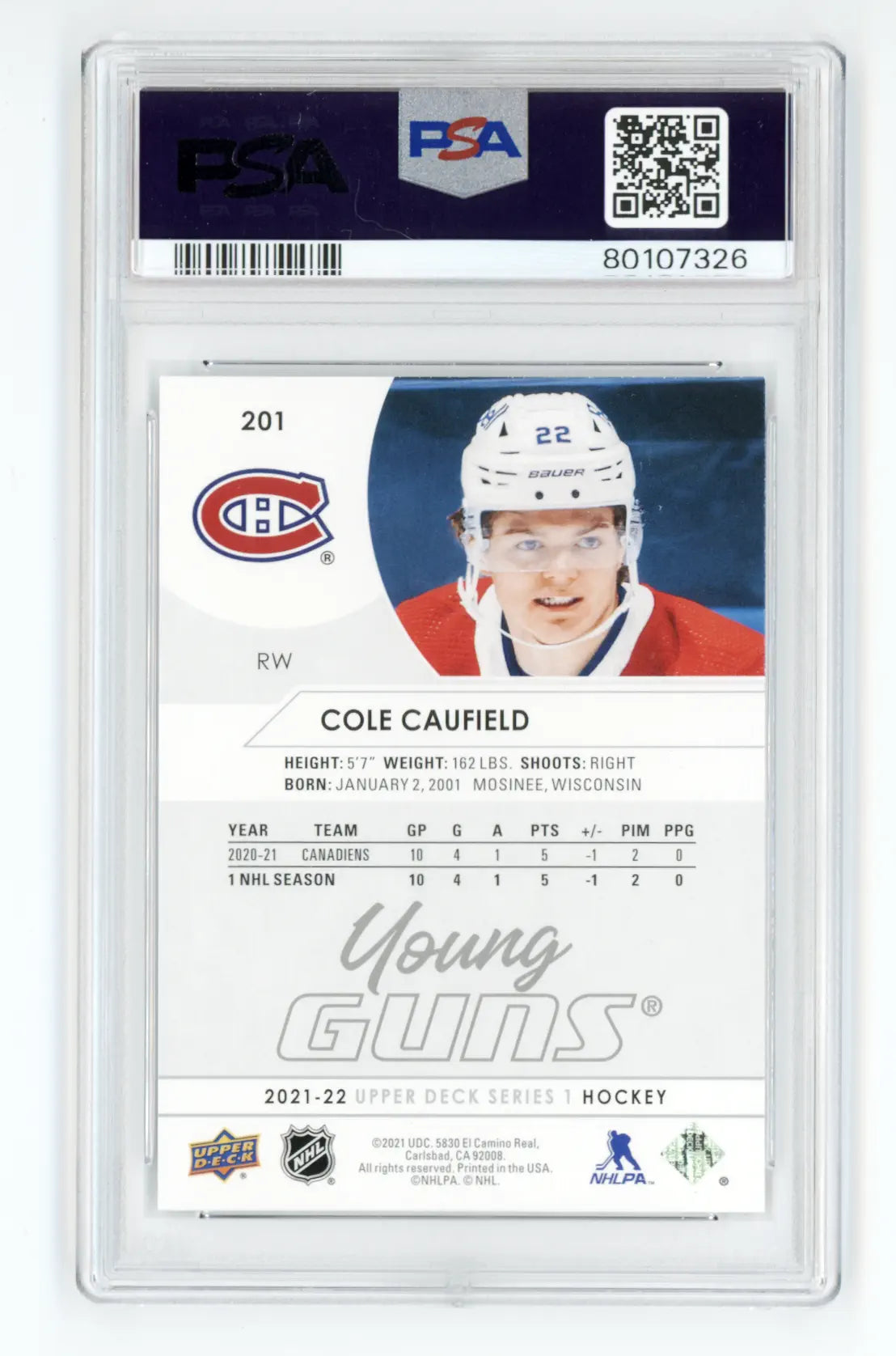 2021-22 Cole Caufield Upper Deck Young Guns #201 PSA 10 GEM MT